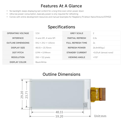Image of waveshare 2.13inch E-Ink Raw Display Compatible with Raspberry Pi 4B /3B+ /3B /2B /B+ /A+ /Zero /Zero W /WH /Zero 2W Series Boards 250x122 Resolution SPI Interface Without PCB Supports Partial Refresh