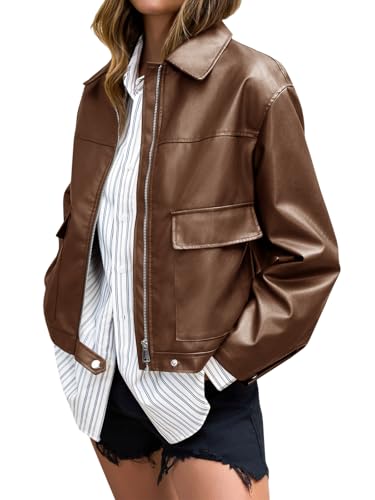 Cicy Bell Womens Faux Leather Bomber Jackets Zip Up Cropped Lapel Moto Coats Trendy Casual Outerwear with Pockets