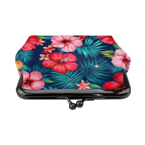 Coin Purse For Women Leather Coin Purses With Kiss Lock Change And Coin Wallet Double Clasp Closure Mini Purse For Cash, Key (Hawaiian Colorful Hibiscus Flowers Tropical Palm Tree Leaves (1))2