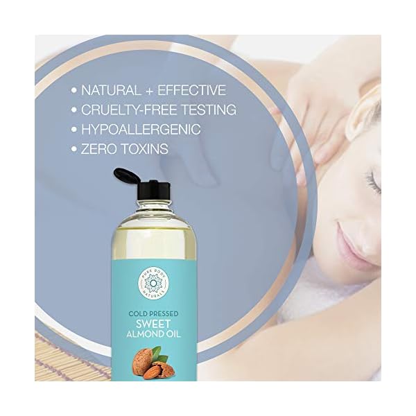 Pure Body Naturals Sweet Almond Oil for Hair and Skin, 100% Pure and Cold Pressed, Hexane Free, Skin Moisturizer, Nails, Therapeutic Massage, Carrier Oil 16 Fl. Ounce (Label Varies)