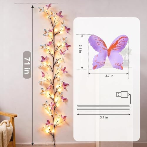 Image of LED Artificial Butterfly Flower String Lights for Wall Decoration, Flexible Vine Lights with Remote Control & USB (Butterfly Branch Light)