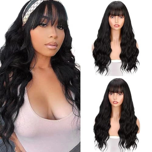 Perruque ondulation d'eau cheveux longs bouclés noir femme avec frange air bangs tendance