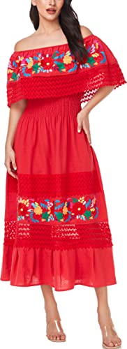 Image of YZXDORWJ Women Embroidered Mexican Peasant Casual Sexy Lace Off-Shoulder Long Dress