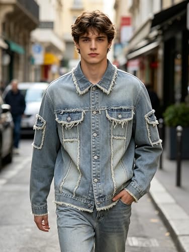 Image of Men's Denim Jacket Patchwork Fringe Jacket Slim Jean Jacket Streetwear Coat