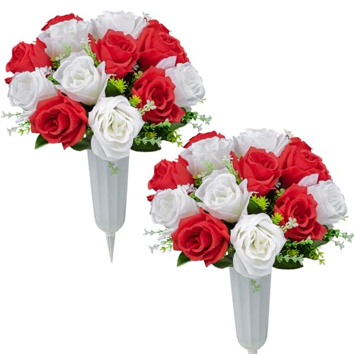 AOFOX Artificial Cemetery Flowers with Vases, Memorial 4 Pcs Red&White Silk Flowers Rose Bouquets for Graveyard Cemetery Flower Garden Decoration