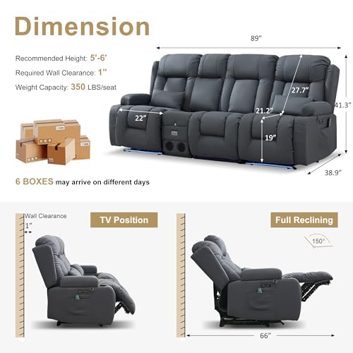 Image of URRED Power Loveseat Recliner Sofa with Massage and Heat, Wall Hugger Reclining Loveseat with Console, RV Couch Home Theater Seating with LED Lights for Living Room (Blue Grey, 89.8 inch - 3 Seats)