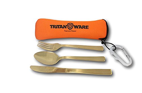 Titanium Plated Portable Utensil Set With Utensil Case, Carabiner/Bottle Opener Included- Food Grade Knife Fork Spoon Set