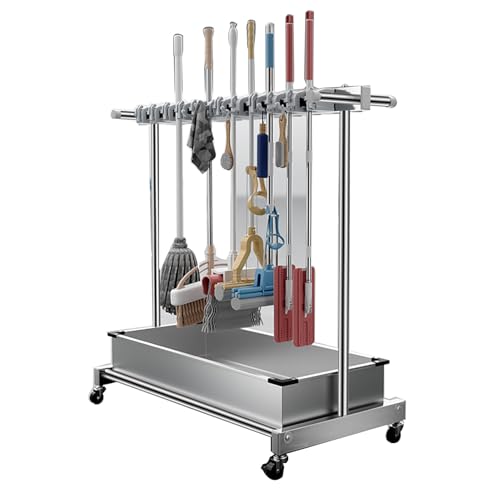 Chariot de rangement mobile pour balai et serpillère à double rangée, pour ranger les outils de nettoyage, en acier inoxydable, avec roues, pour jardin, garage, école, 127 x 50,127 x 50 x 122 cm