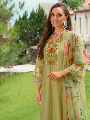Image of INDO ERA Women's A-Line Silk Blend Floral Embroidered Kurta & Pant with Dupatta Set (IEOUT10970)