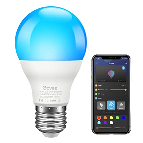 Govee Smart LED Lampe A19 E27 7W Dimmbare RGBWW Glühbirne mit App-Steuerung via Bluetooth, Warmweiß (2700K) Kaltweiß (6500K), Mehrfarbige Leuchtmittel