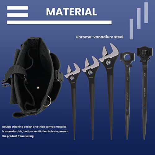 Lichamp 6 Pieces Spud Wrench Set With Iron Workers Tool Bag, Includes Adjustable 10 12 16 Inches Construction Spud Wrench, Socket/Suqare Drive Ratchet Spud Wrench And Iron Work Bolt Bags #TOP2