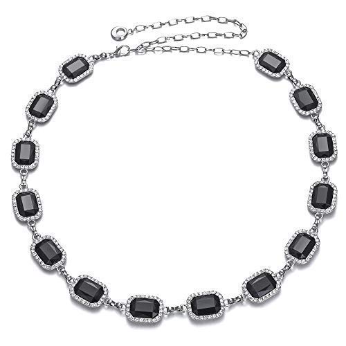 Weddecor - Cinturón de cadena de plata con piedras de cristal negro con diamantes de imitación incrustados, cierre, elegante cinturilla para accesorios de moda, boda, aniversario, fiesta, compromiso