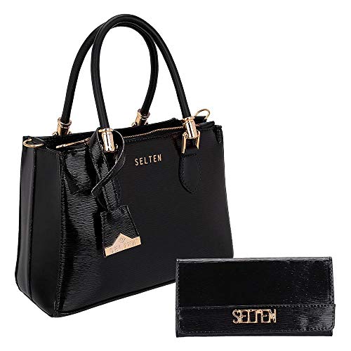 Kit Bolsa Feminina Tote Brilho Lorena + Carteira Selten Preta