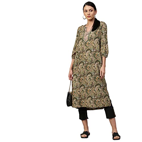 Image of Chemistry Women's Elegant Viscose Round Neck Paisley Printed Kurta | Regular Ethic Wear | Soft and Flowy Texture | Classic and Timeless Appeal with Three-Quarter Sleeves | Versatile for Casual Outings, Festive Occasions, OfficeWear |Olive Green