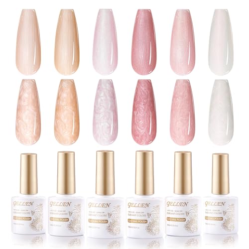 Gellen Pearl Nail Polish Set, 6 Colors Pearlescent Shell, Pink Shades, Mermaid Nail Polish Gel Swirl Thread Effect, Soak Off UV LED Gel for Salon Home DIY