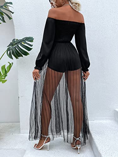 Wdirara Women's Off Shoulder Jumpsuit Shirred Mesh Hem Flounce Sleeve Short Romper Black L #TOP1
