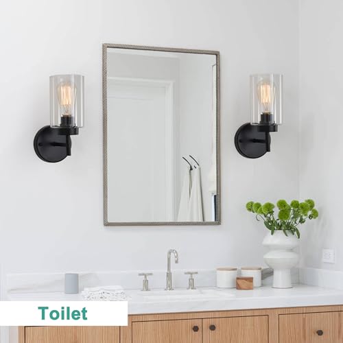 Image of Black Wall Sconce for Bathroom,Modern Indoor Sconces with Clear Glass Shade | Bathroom Wall Lamp indoor Wall Lights for Mirror Kitchen Living Room Hallway Cabinet Porch