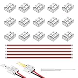 RGBZONE 15 Pack 2-Pin 8mm LED Connectors and 5 x 15cm 20AWG Wires, Transparent Solderless Tape-to-Wire Connector Kit Compatible with 8mm-Wide COB/SMD Single Color LED Strips