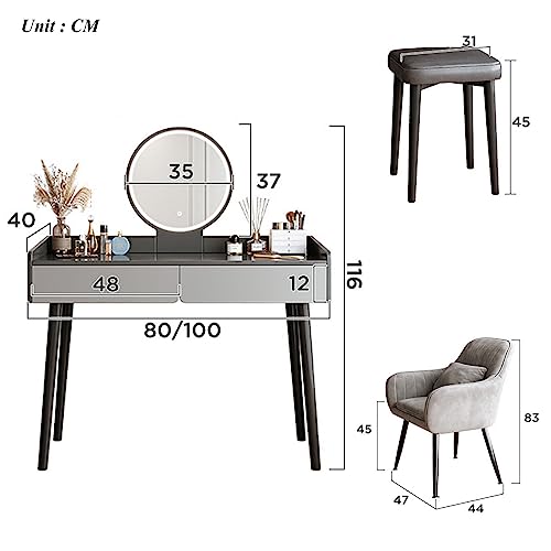 Tocador de maquillaje gris con espejo redondo grande y luces LED para dormitorios pequeños 8