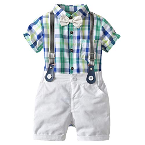 Baby Boys Gentleman Romper Wedding Short Sleeve Overall Bowtie Cotton Outfits Formal Solid Outfits Comfortable Suspender Clothes Set for Summer Green 70cm