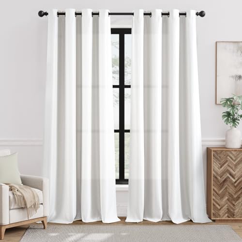 jinchan Linen Textured Curtain 96 Inch Long for Living Room Light Filtering Thermal Insulated Grommet Top Window Drape for Bedroom 52" W x 96" L White
