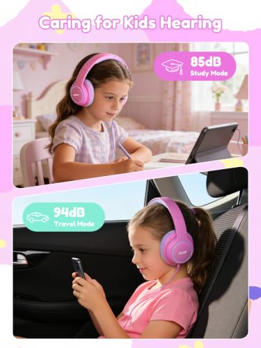Image of Acer OHW328 Kids Headphones Wired for School - Over Ear Design | 85 /94dB Safe Volume Limit, 3.5mm Jack Foldable Headphones for Kids Boys Girls Classroom Yoto Player Chromebook Travel Pink