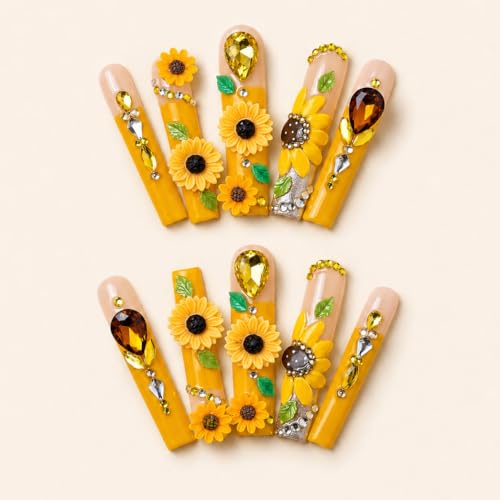 IntoVibes Handmade Long Square Press On Nails, Yellow Sunflower Rhinestone And Leaf Design, 10 Pieces Reusable Acrylic False Nails, Size Large
