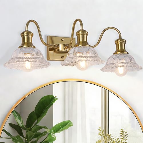 Image of Champagne Gold Vanity Lights, 3-Light Bathroom Light Fixtures with Clear Glass Shade, Vintage Vanity Lights Over Mirror, Farmhouse Wall Light for Bathroom, Vanity Table, Bedroom, Hallway