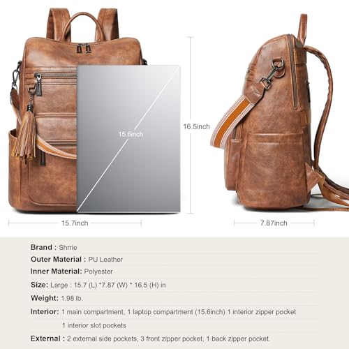 Shrrie 15,6 Zoll Laptop-Rucksack für Damen – Großer Reiserucksack aus Leder, wasserabweisend, für Freizeit, Uni, Arbeit, Handgepäck-Zweifarbiges Braun