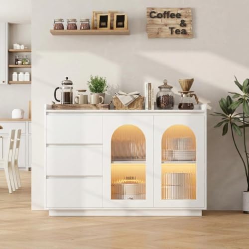 GAOMON Coffee Bar Cabinet, 48" Buffet Cabinet Storage Cabinet Sideboard, Modern Kitchen Buffet with 3 Drawers, Glass Doors & 3 Color Led Lights, C