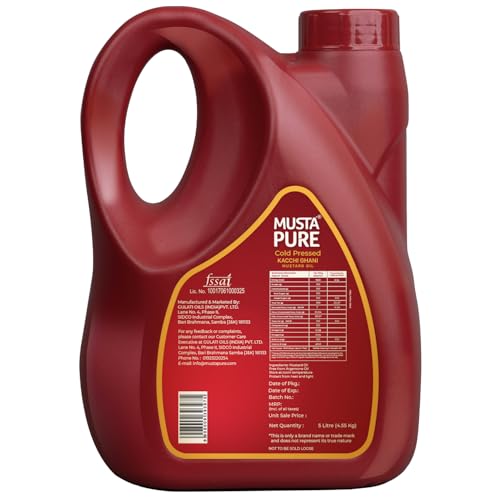 Image of Musta Pure Cold Pressed Kachi Ghani Mustard Oil 5 Litre Cooking Oil, Unrefined, Naturally Cholesterol Free, A1 Grade Real Seeds For Natural Aroma & Flavour For Roasting, Frying, Baking - Jar