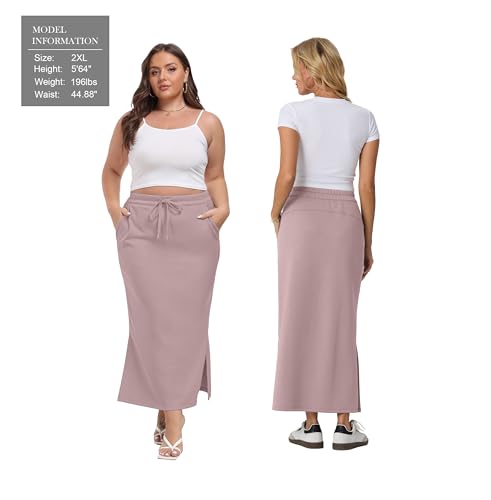 Image of Lepunuo Women's High Waisted Sweat Maxi Skirt with Pockets Slit | Ultra Soft Sweat Fabric, High Waist Drawstring, Deep Phone Pockets, Side Slit for Movement, Ideal for Lounge Travel