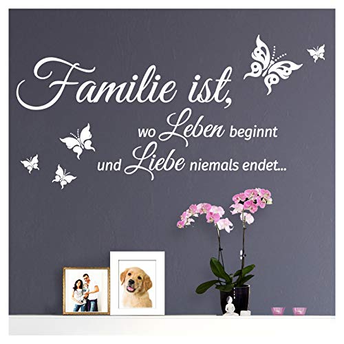 Grandora Wandtattoo Spruch Familie ist, Wo Leben Beginnt und Liebe Niemals endet. I Weiß (BxH) 80 x 40 cm I Wohnen Schmetterling Wandsticker W5547