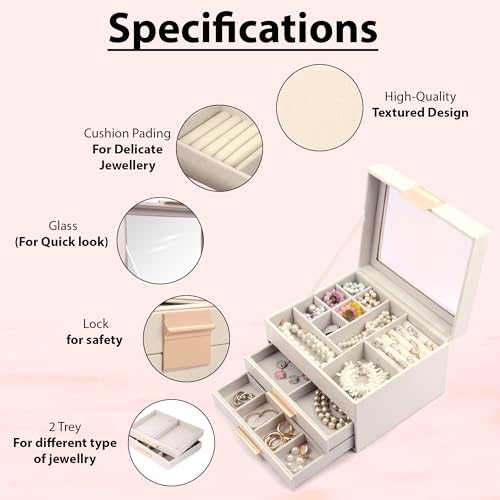Image of BucketList Luxury PU Leather Jewellery Organizer Box with Glass Top | Multi-Drawer Jewelry Storage Case with Ring Slots & Compartments | Elegant Lockable (2 Drawers Jewellery Box (White))