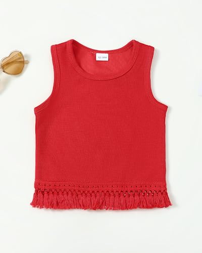 Mikrdoo Baby Girls Clothes Toddler Girl Summer Outfits Cute Tassel Hem Sleeveless Infant Tank Tops Ripped Denim Shorts Set Red 12-18M - Thumbnail 5