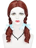 Long Braided Reddish Brown Wig + Blue Ribbons + Wig Cap 19.6'' Dark Brown Twin Braids Wigs for Women Halloween Party Costumes