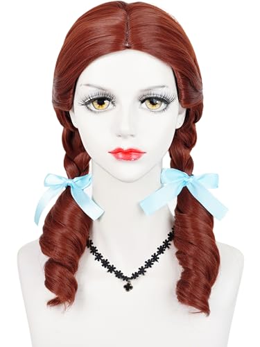 Half and Half Long Braided Reddish Brown Wig + Blue Ribbons + Wig Cap 19.6 Dark Brown Twin Braids Wigs for Women Halloween Party Costumes