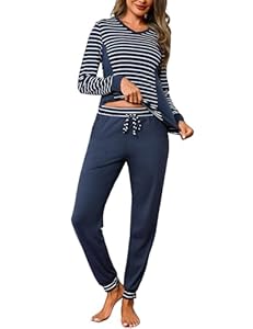 Crewhpo Damen Schlafanzug Langärmliger Pyjama Baumwolle Zweiteiliger Schlafanzüge Set Gestreifter Nachtwäsche Nachthemd mit Lang Pyjamahose Einfarbiger Hausanzug Sleepwear