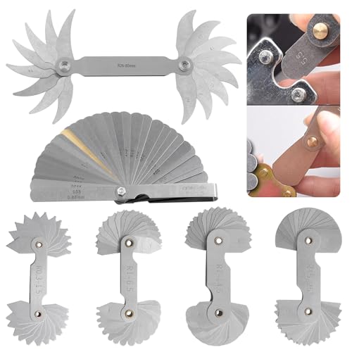 Wokape 6Pcs 5 Sizes Stainless Steel Radius Gauge with Feeler Gauge Kit, 5 Sizes Metric and Imperial R0.3-1.5/ R1-6.5/ R7-14.5/ R15-25/ R26-80 Arc Fillet Concave Convex Gap Measuring Tool