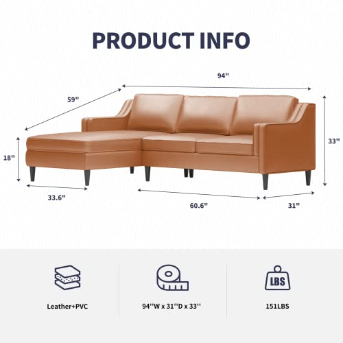 Zafly Leather Couch, 94Inches Sofa With Chaise, 3-Seat L Shaped Sofa With Soft Removable Back Cushions And Armrests Left-Facing Leather Sofas For Living Room (Cognac) #TOP6