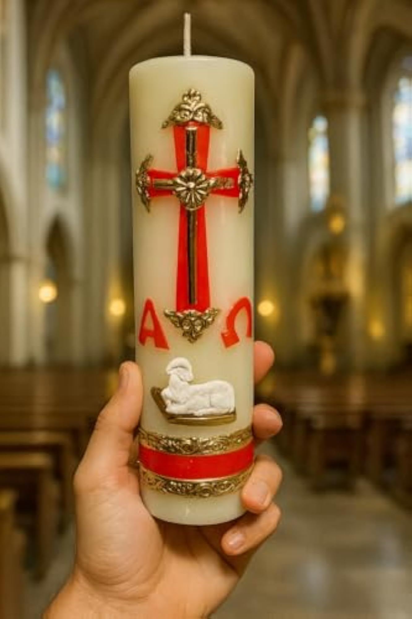 Cirio Pascual Rojo Alpha Omega Candle for Easter Celebration