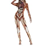 Petalum Skelett Overall Damen Halloween Weihnachten Karneval Kostüm Langarm 3D Rücken Zip Catsuit Bodycon Ganzkörperanzug Cosplay Bodysuit