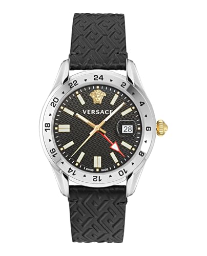 Versace Greca Time GMT Collection Luxury Mens Watch Timepieces with a Black Strap and Dial Featuring a Stainless Steel Case