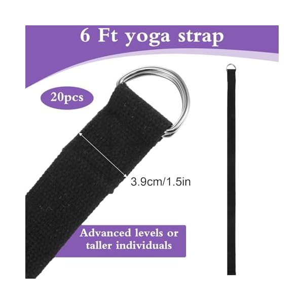 20 Pcs Yoga Mat Strap & Yoga Straps for Stretching, 6ft Adjustable Exercise Stretch Band with Metal D Ring Buckle for Pilates, Fitness, Gym Workout, Dance, Physical Therapy (Black) - Image 2