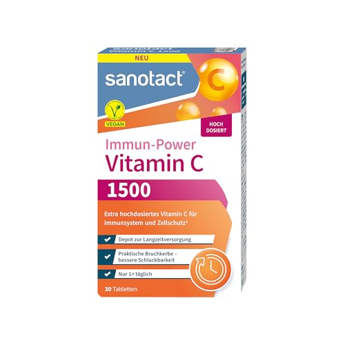sanotact® Vitamin C 1500 – hochdosiert & vegan – 30 Tabletten Depot – Vitamin C hochdosiert für Immunsystem, Zellschutz & Energie – glutenfrei, laktosefrei, zuckerfrei – Immunsystem stärken