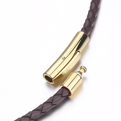 Elfasio 3Mm Mens Womens Black Braided Leather Cord Gold Stainless Steel Secure Clasp Necklace Chain 20 Inch #TOP5
