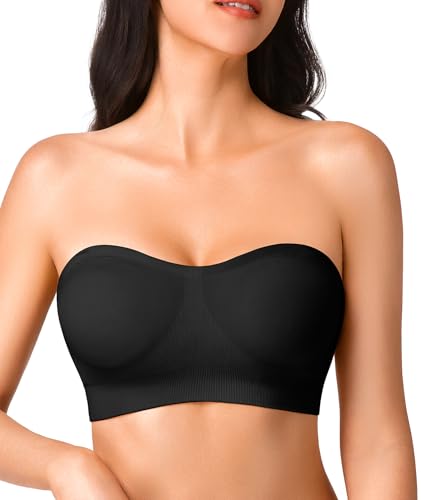 Finduself Seamless Strapless Bra for Women Wireless Non-Slip Padded Bandeau Bra Dark Black