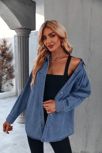 Women's Casual Button Down Denim Shirt Long Sleeve Boyfriend Oversized Jean Jacket with Pockets4