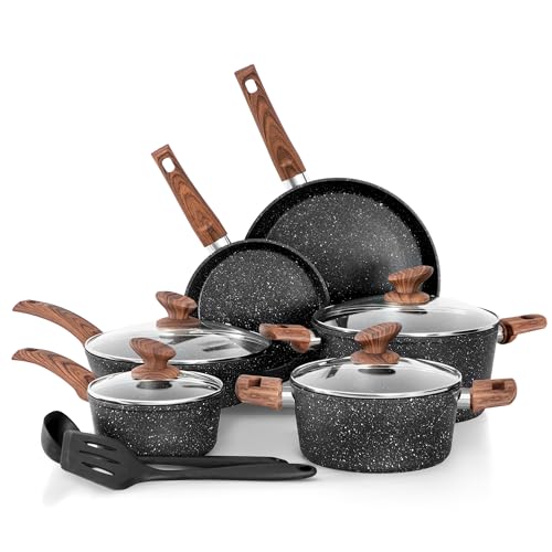 DishDelight Topfset Beschichteter Topf Induktion Töpfe Set Pfannenset 12-teilige Granit Antihaft...