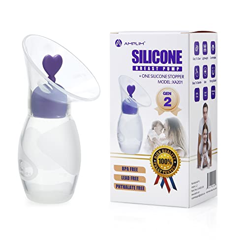 Image of Amplim Gen 2 Manual Breast Pump/Collector for Breastfeeding with Stopper (2-Pack 4 oz/100ml) Food Grade Silicone BPA PVC and Phthalate Free (4OZ-Purple, 1, Count)